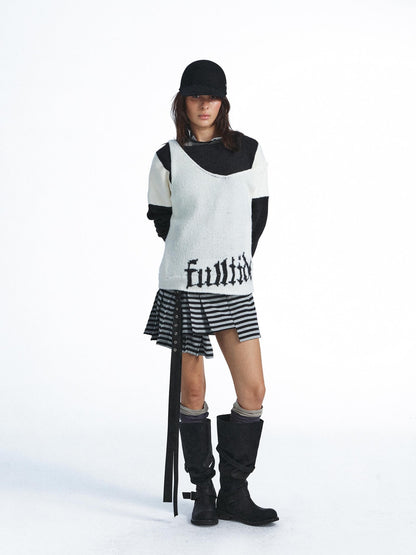 FULLTIDE Faux Layer Letter Print Mohair Blend Oversized Women&