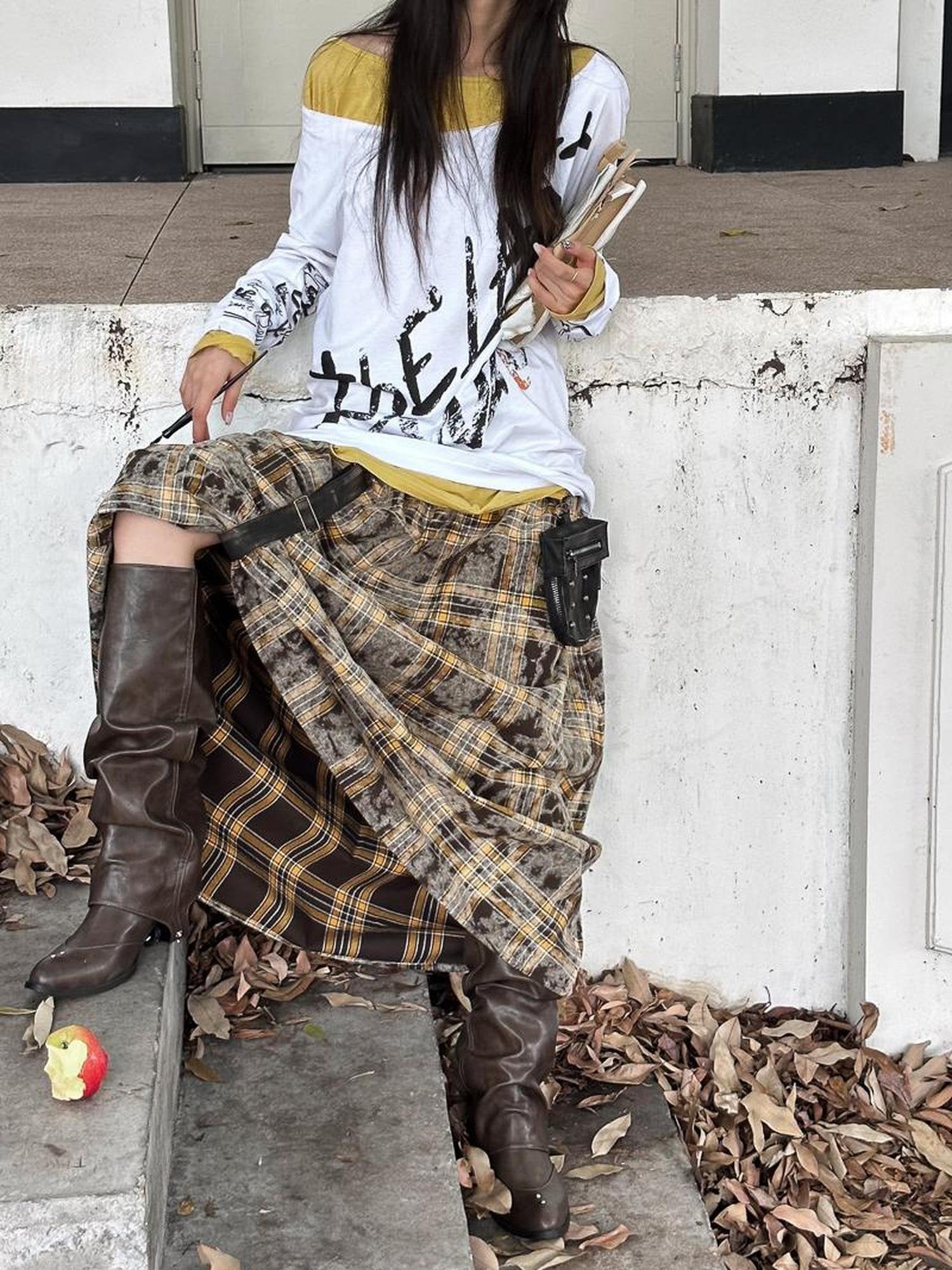 FULLTIDE Flattering High Waist Vintage A Line Plaid Mid Length Women Cotton Pu Maxi Skirt