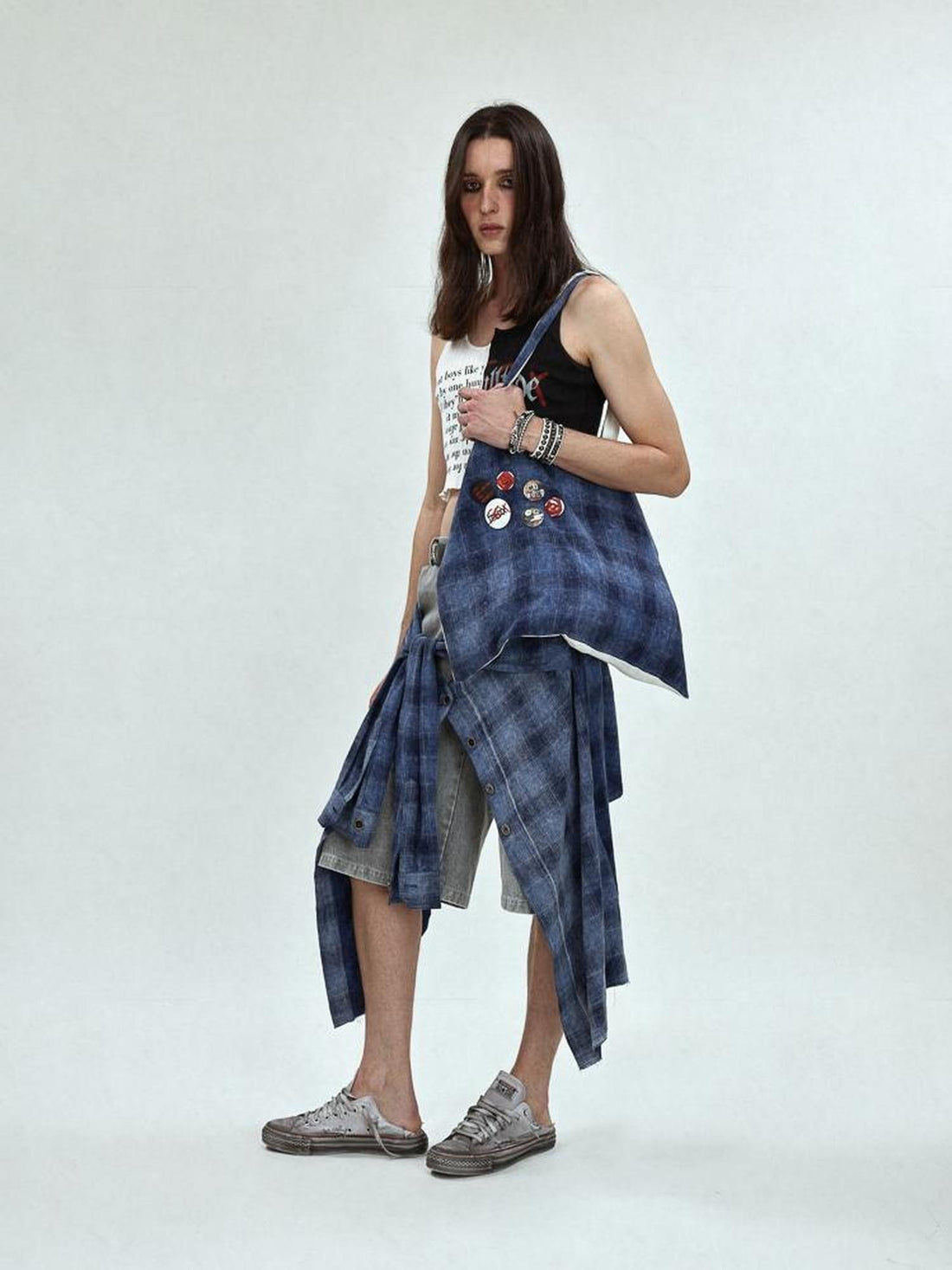 FULLTIDE Foldable Washable Canvas Zipper Plaid Tote Korean Casual Youth Shoulder Bag