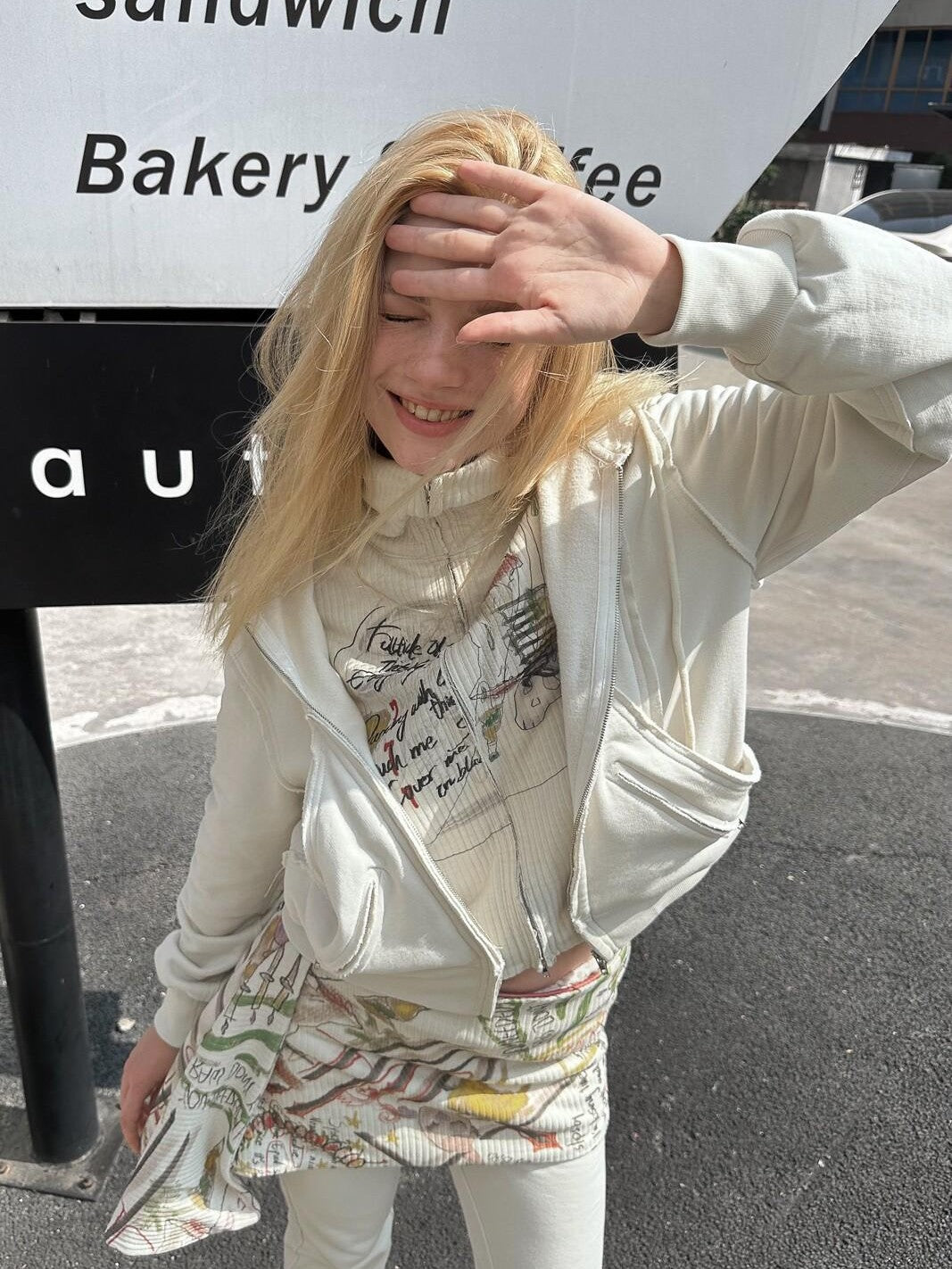FULLTIDE Graffiti Cartoon Print Faux Two Piece Cropped Henley Women&