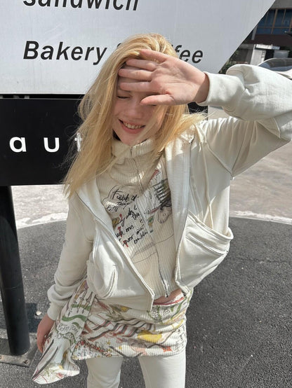 FULLTIDE Graffiti Cartoon Print Faux Two Piece Cropped Henley Women&