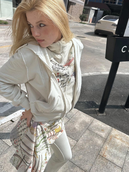 FULLTIDE Graffiti Cartoon Print Faux Two Piece Cropped Henley Women&