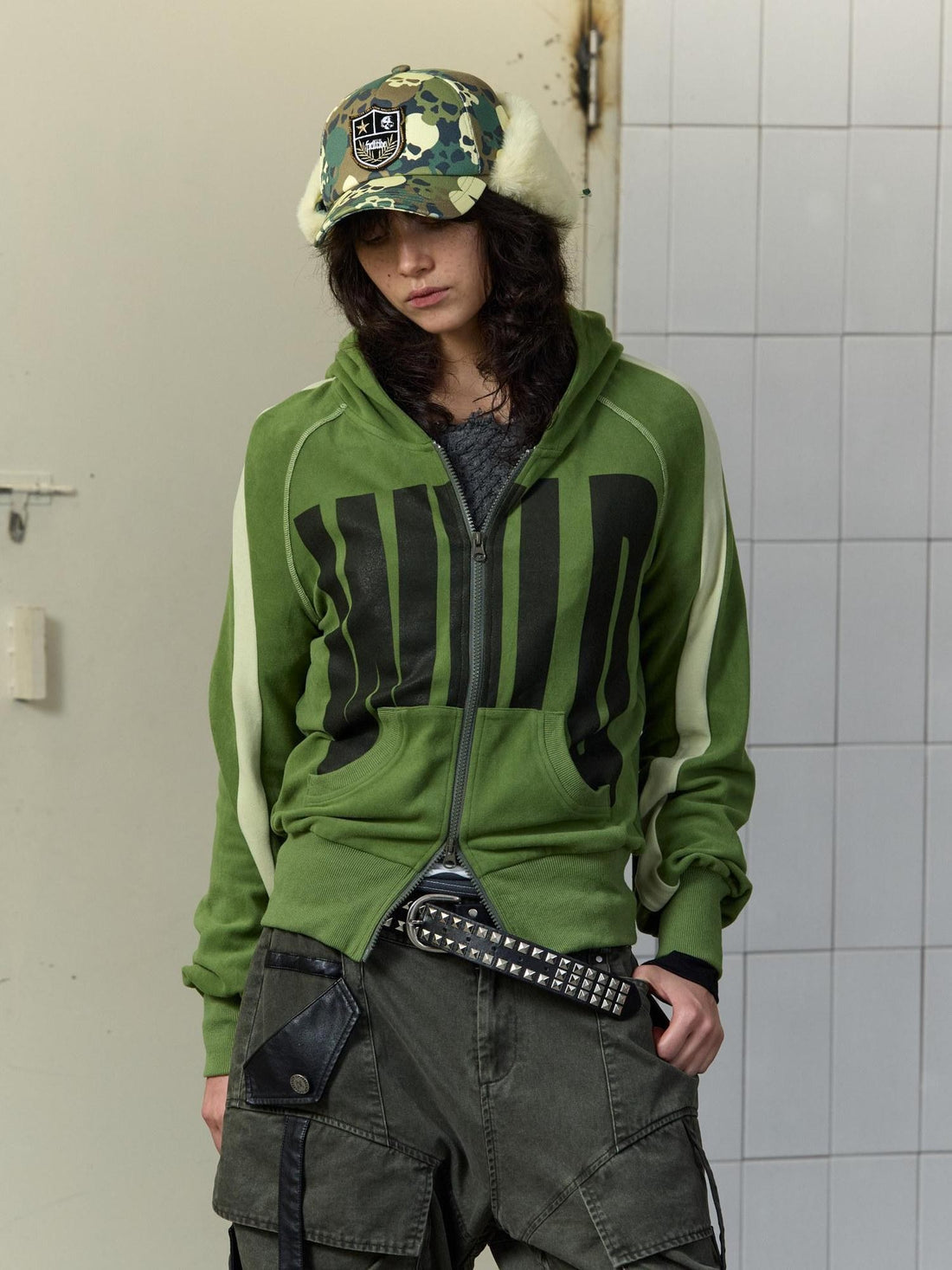 FULLTIDE Green Velvet Letter Print Colorblock Women&