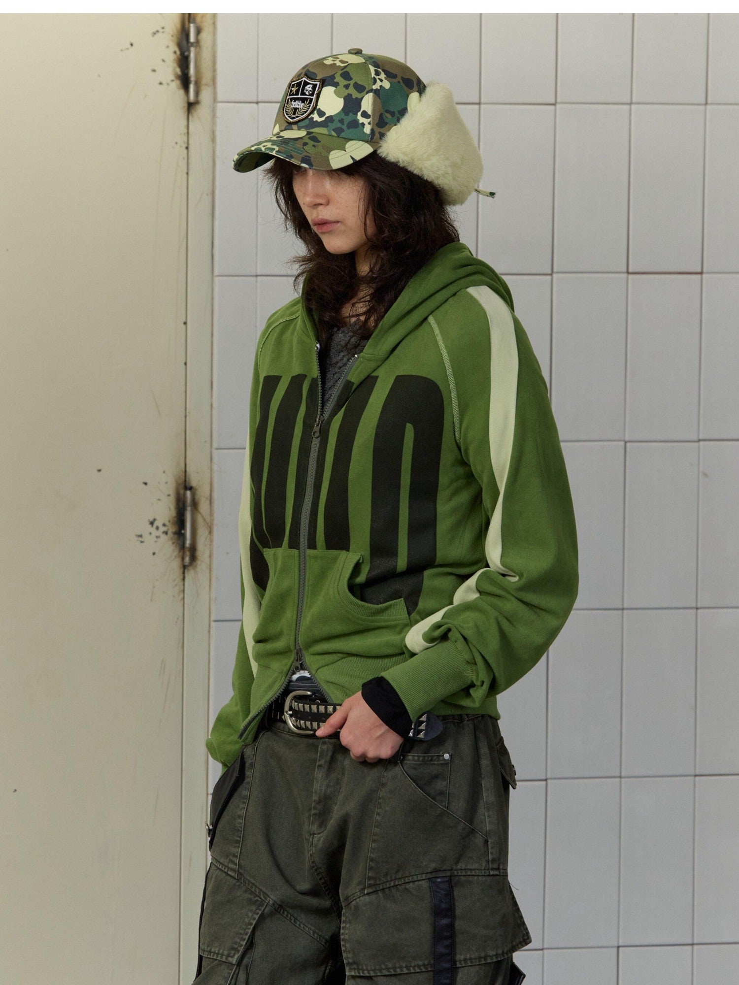 FULLTIDE Green Velvet Letter Print Colorblock Women&