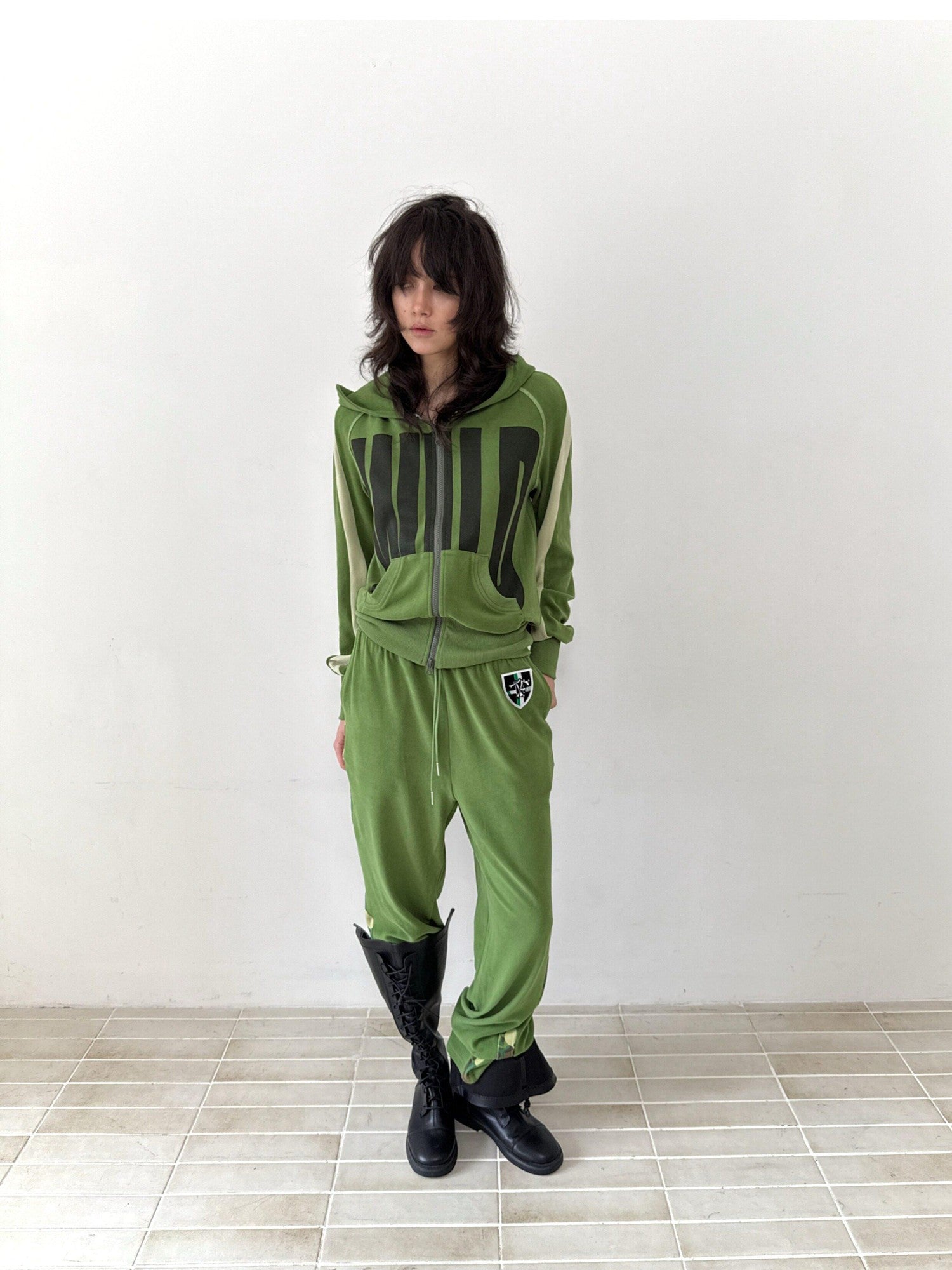 FULLTIDE Green Velvet Letter Print Colorblock Women&