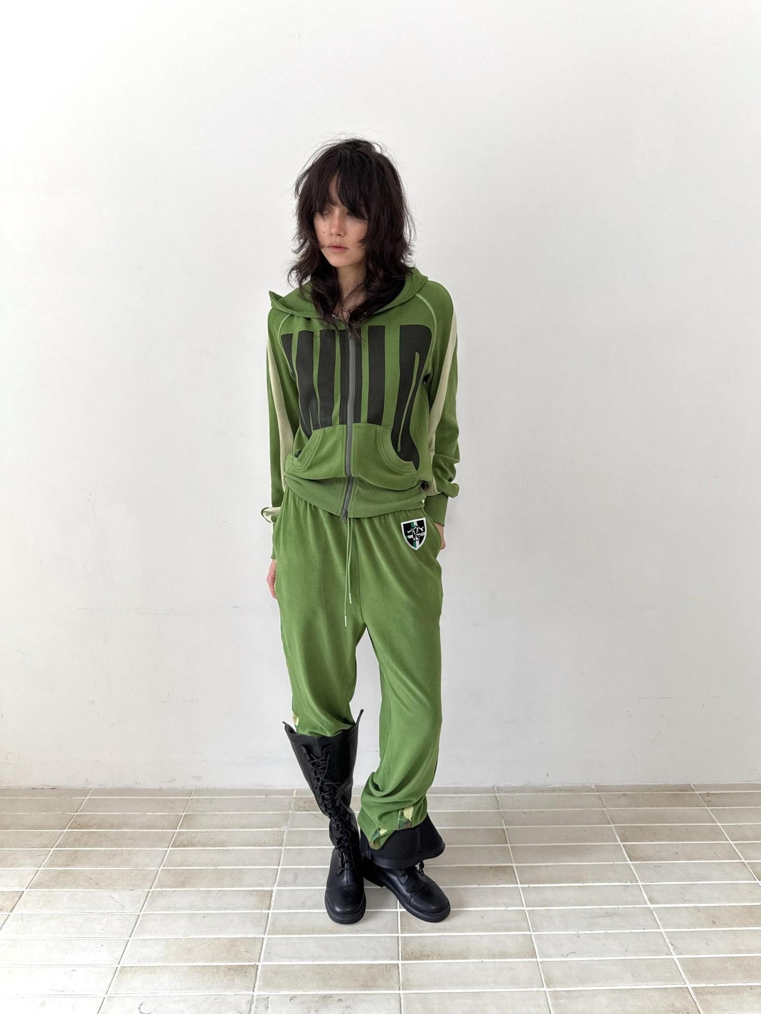 FULLTIDE Green Velvet Letter Print Colorblock Women&