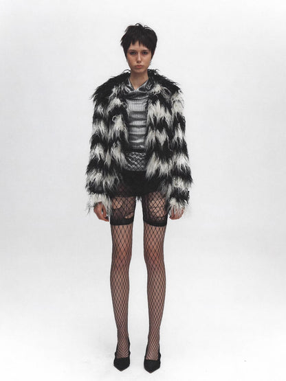 FULLTIDE Insulated Faux Fur Collar Midlength Loose Fit Workwear Women V Neck Black Jacket