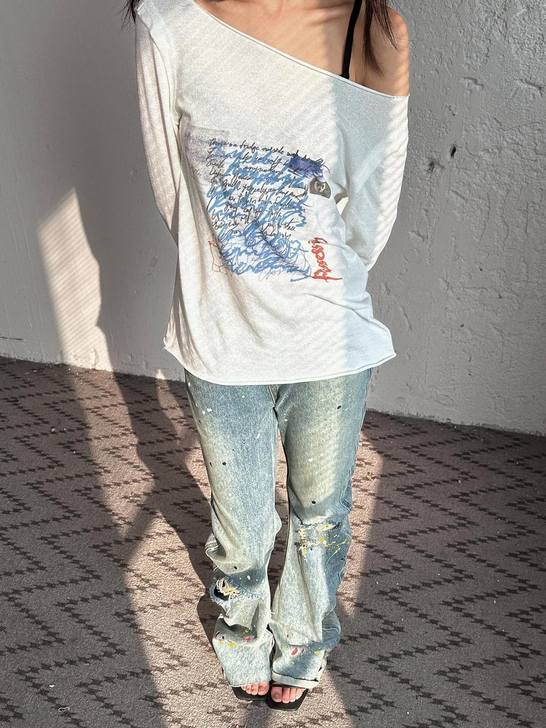 FULLTIDE Ivory Graffiti Print Fuzzy Textured Women&