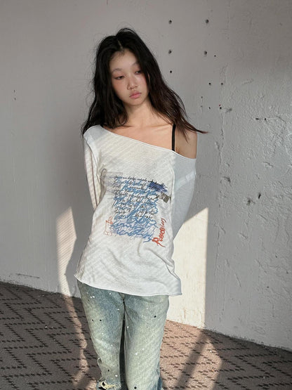 FULLTIDE Ivory Graffiti Print Fuzzy Textured Women&