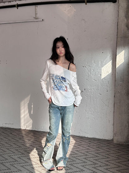 FULLTIDE Ivory Graffiti Print Fuzzy Textured Women&