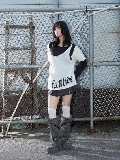 FULLTIDE Lambswool V Neck Midlength Letter Pullover Office Women Black White Sweater