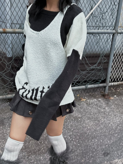 FULLTIDE Lambswool V Neck Midlength Letter Pullover Office Women Black White Sweater