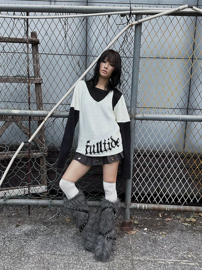 FULLTIDE Lambswool V Neck Midlength Letter Pullover Office Women Black White Sweater