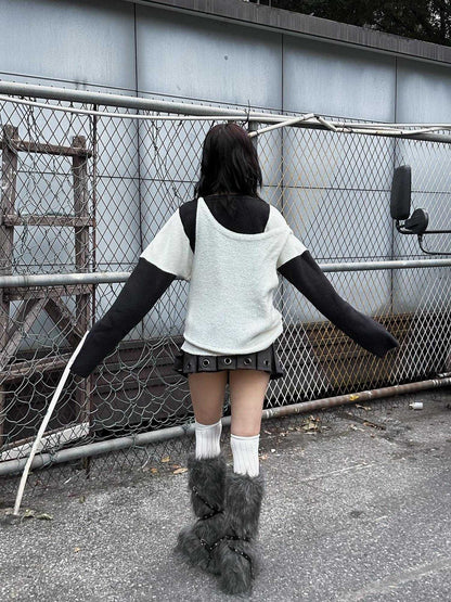 FULLTIDE Lambswool V Neck Midlength Letter Pullover Office Women Black White Sweater