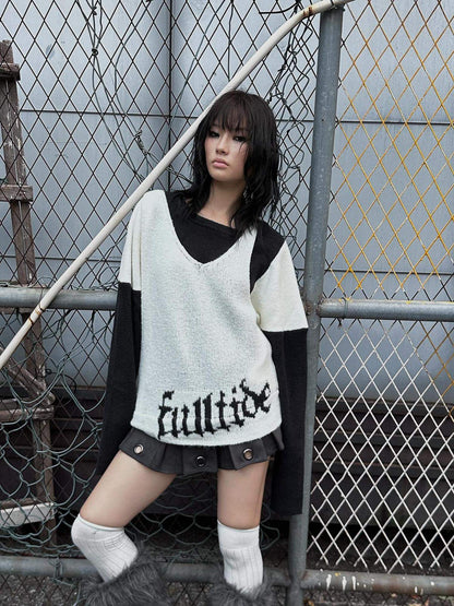 FULLTIDE Lambswool V Neck Midlength Letter Pullover Office Women Black White Sweater