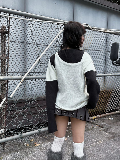 FULLTIDE Lambswool V Neck Midlength Letter Pullover Office Women Black White Sweater