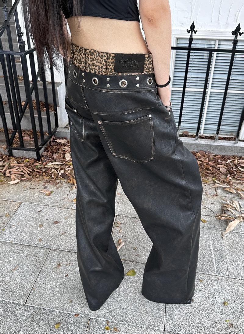FULLTIDE_Leopard_Patchwork_Distressed_Zipper_Double_Waist_Women&