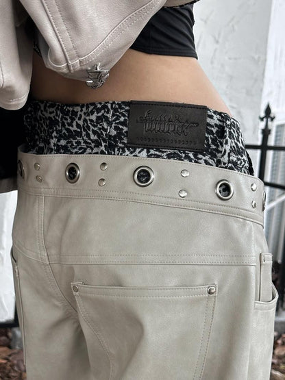 FULLTIDE Leopard Patchwork Distressed Zipper Double Waist Women&