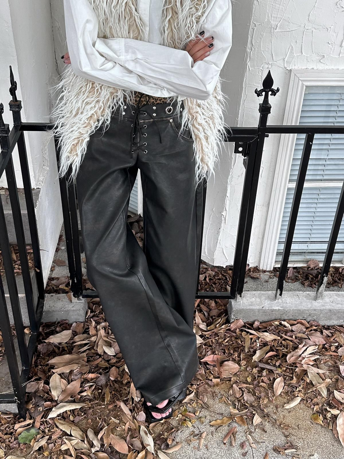 FULLTIDE Leopard Patchwork Distressed Zipper Double Waist Women&