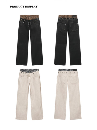 FULLTIDE Leopard Patchwork Distressed Zipper Double Waist Women&