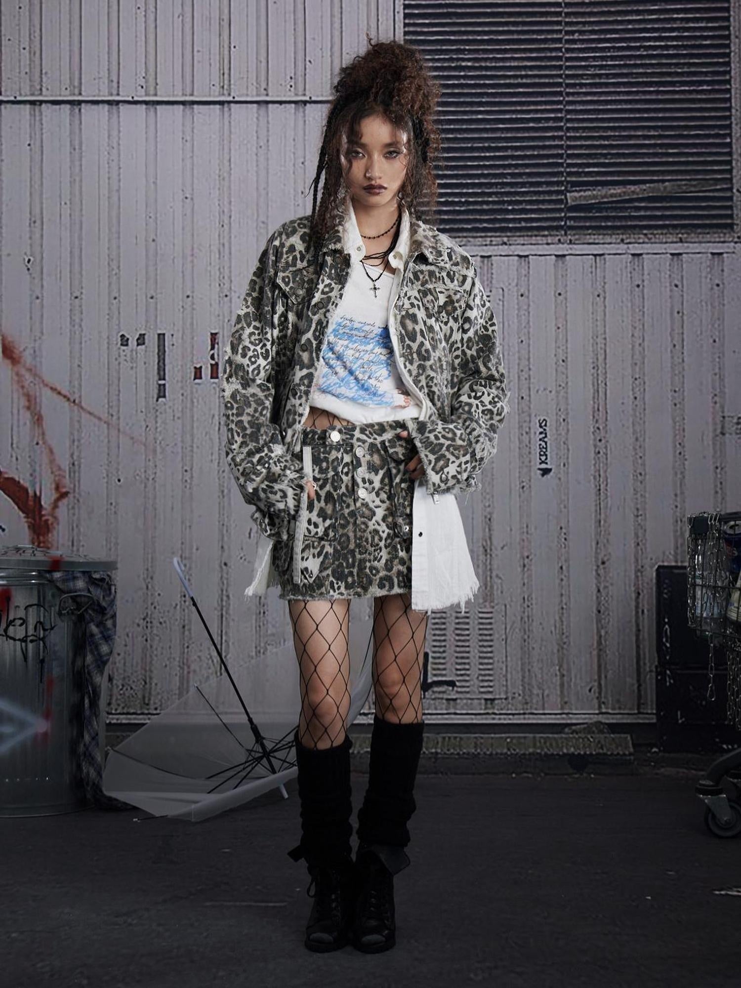 FULLTIDE Leopard Print Low Rise Denim Street Style Women Light Gray Cotton Mini Skirt