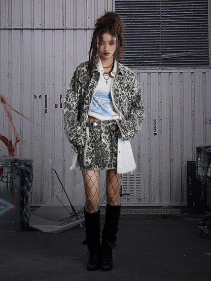 FULLTIDE Leopard Print Low Rise Denim Street Style Women Light Gray Cotton Mini Skirt