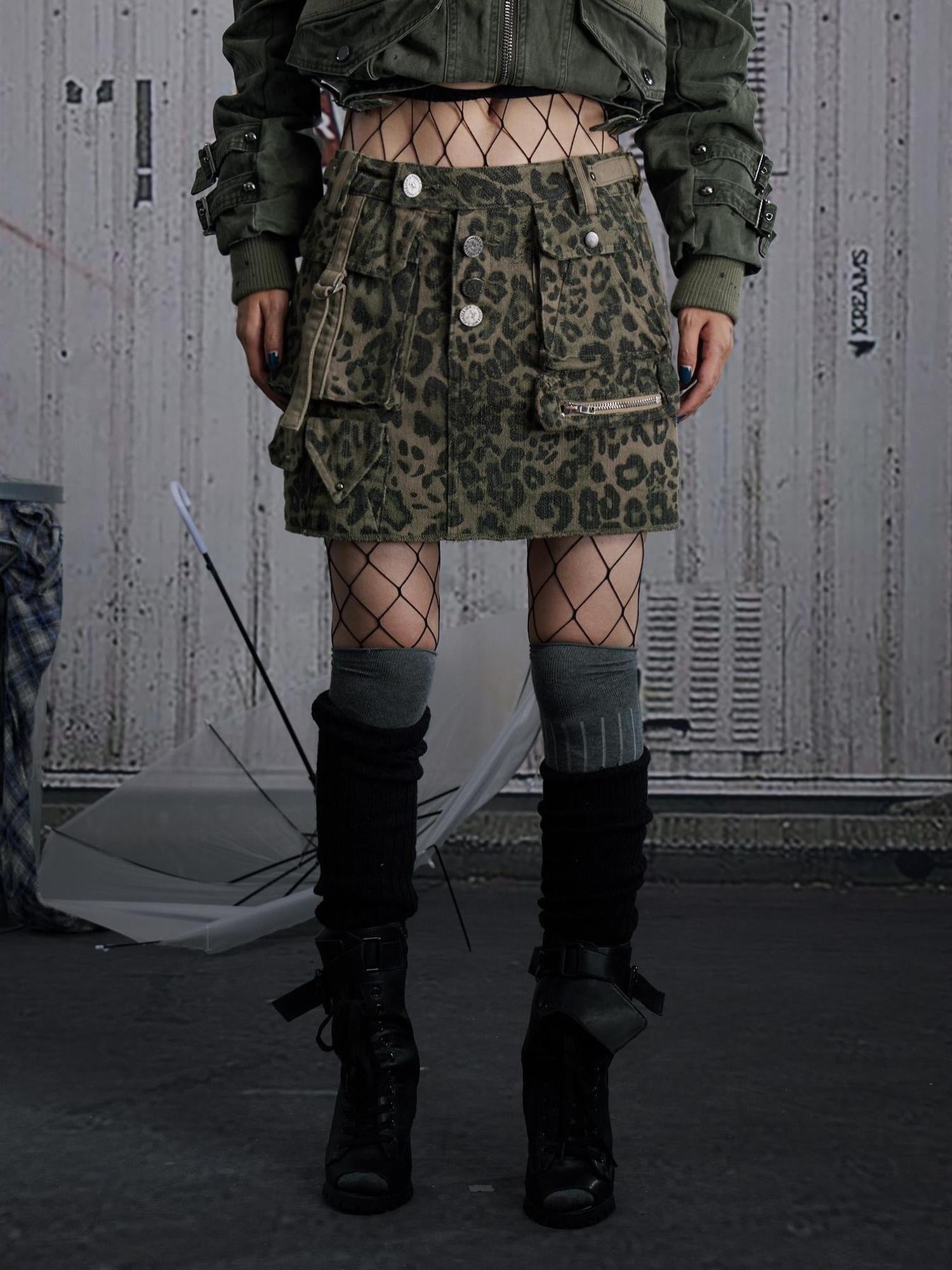 FULLTIDE Leopard Print Low Rise Denim Street Style Women Light Gray Cotton Mini Skirt