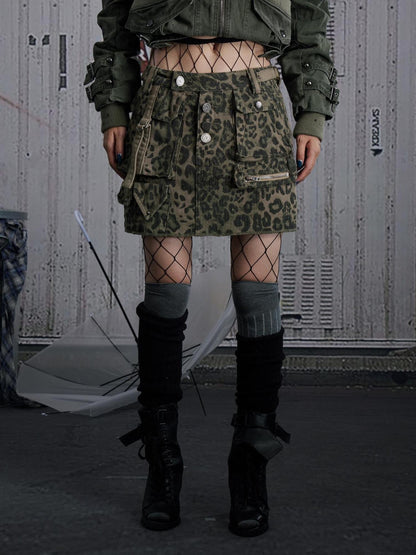 FULLTIDE Leopard Print Low Rise Denim Street Style Women Light Gray Cotton Mini Skirt