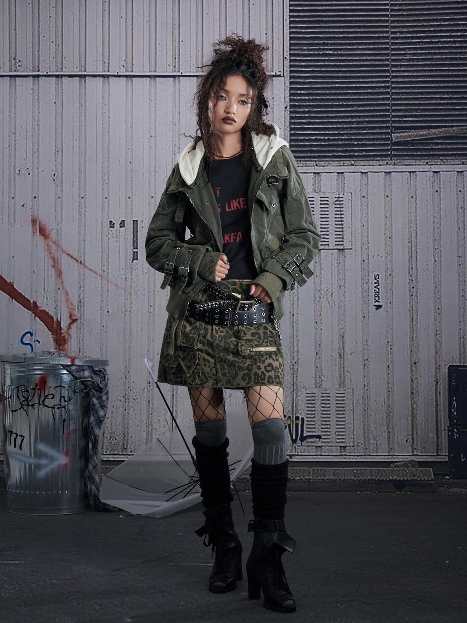 FULLTIDE Leopard Print Low Rise Denim Street Style Women Light Gray Cotton Mini Skirt