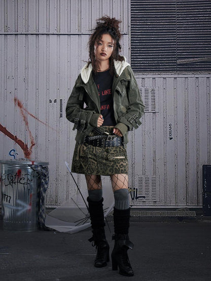 FULLTIDE Leopard Print Low Rise Denim Street Style Women Light Gray Cotton Mini Skirt