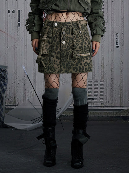 FULLTIDE Leopard Print Low Rise Denim Street Style Women Light Gray Cotton Mini Skirt