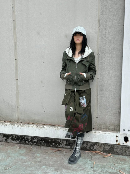 FULLTIDE Leopard Print Low Waist Denim Pure Cotton Army Green Midi Skirt