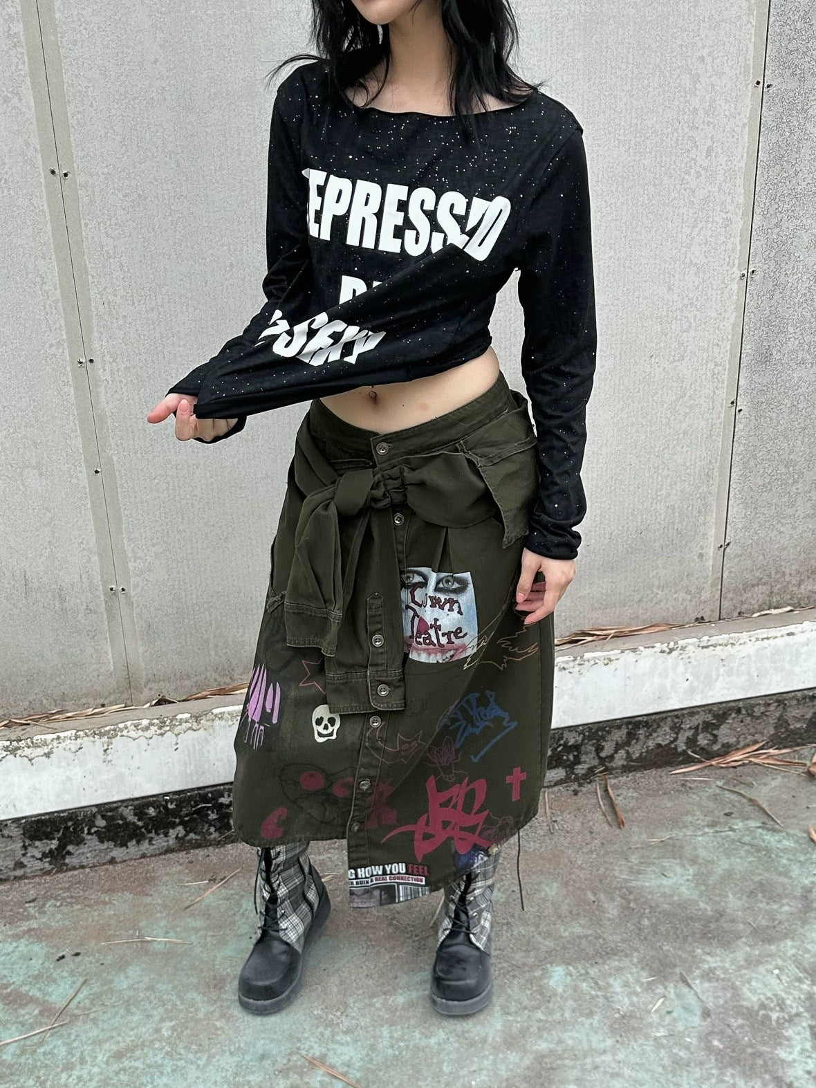 FULLTIDE Leopard Print Low Waist Denim Pure Cotton Army Green Midi Skirt