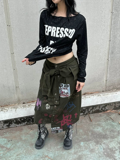 FULLTIDE Leopard Print Low Waist Denim Pure Cotton Army Green Midi Skirt