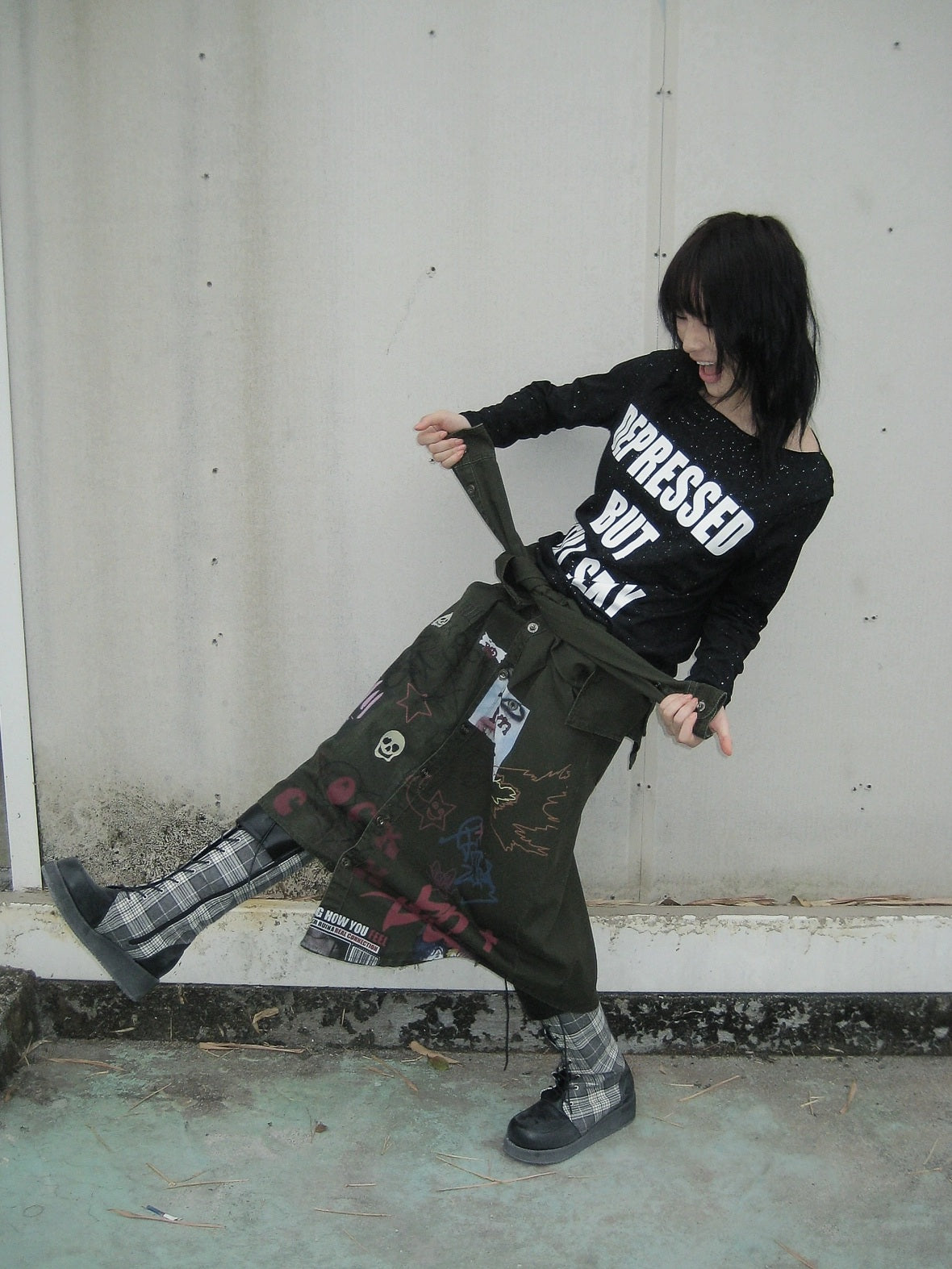 FULLTIDE Leopard Print Low Waist Denim Pure Cotton Army Green Midi Skirt