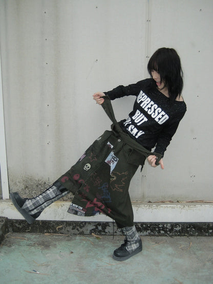 FULLTIDE Leopard Print Low Waist Denim Pure Cotton Army Green Midi Skirt