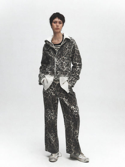 FULLTIDE Leopard Print Zip Polo Collar Cotton Straight Fit Street Style Women Jacket