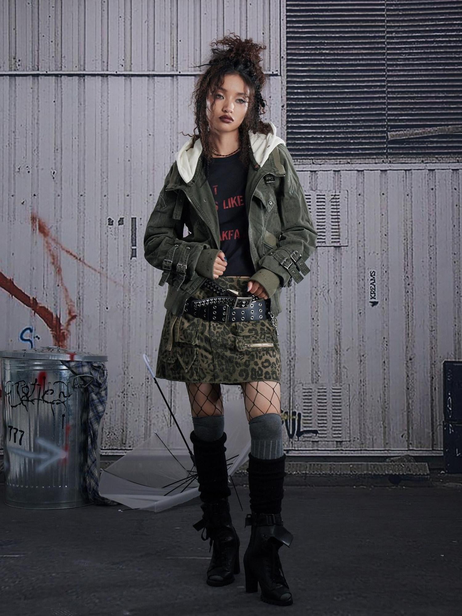 FULLTIDE Light Grey Leopard Frayed Hem Low Waist Punk Women&