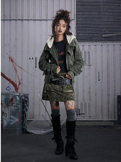 FULLTIDE Light Grey Leopard Frayed Hem Low Waist Punk Women&