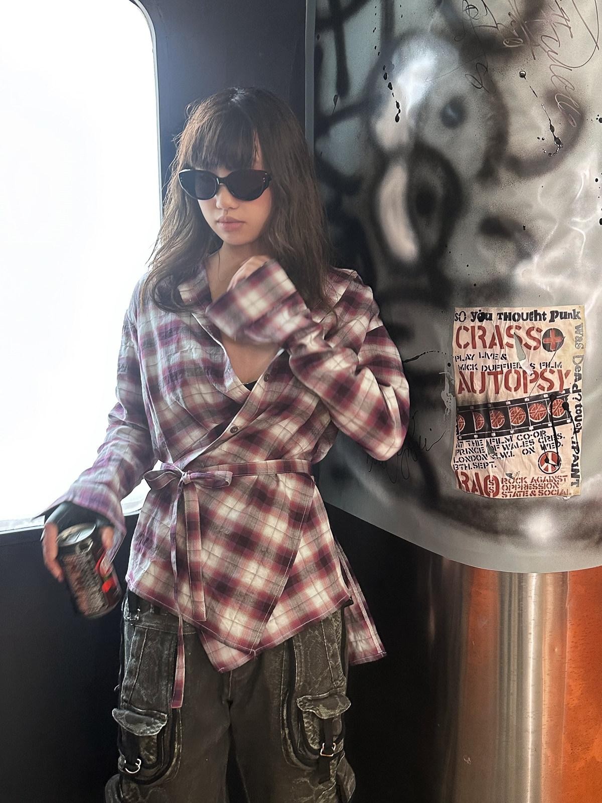 FULLTIDE Light Purple Tie Strap Distressed Plaid Square Collar Women&