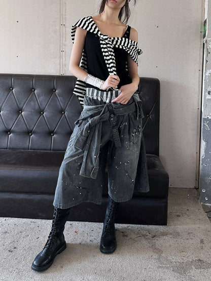 FULLTIDE Lightweight Low Rise Wide Leg Cropped Dark Stretch Cotton Denim Women Jeans