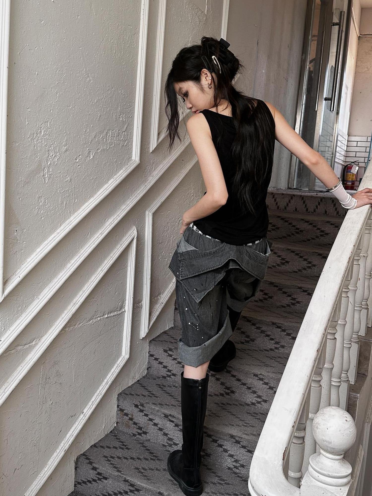 FULLTIDE Lightweight Low Rise Wide Leg Cropped Dark Stretch Cotton Denim Women Jeans