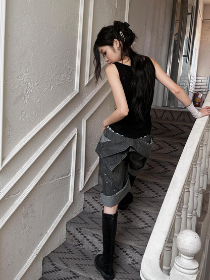 FULLTIDE Lightweight Low Rise Wide Leg Cropped Dark Stretch Cotton Denim Women Jeans