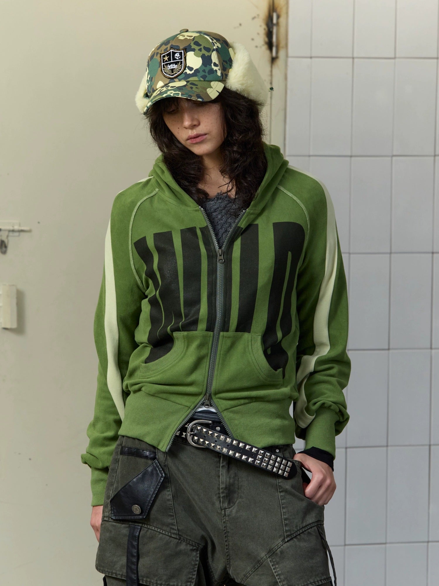 FULLTIDE Loose Colorblock Zip Hooded Streetwear Women Viscose Blend Hoodies