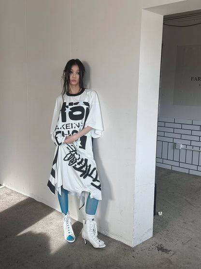 FULLTIDE Luminous Black White Casual Crew Neck Midlength Women 100 Percent Cotton T-Shirt