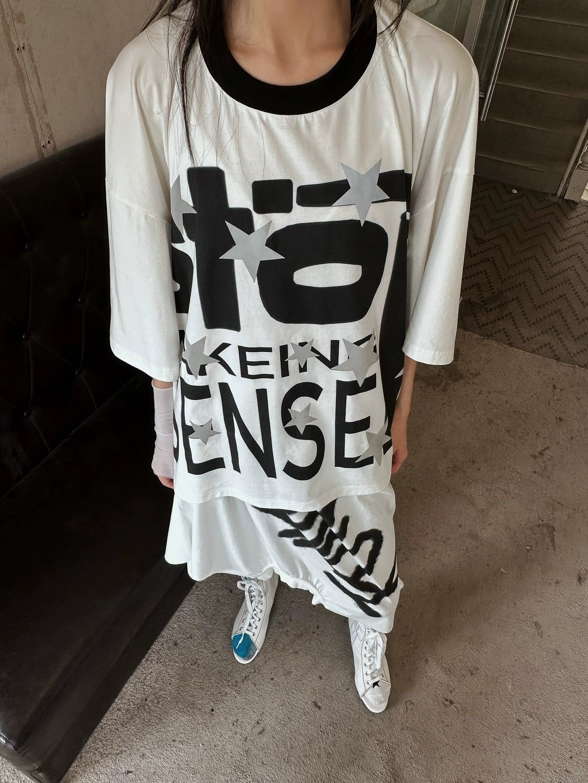 FULLTIDE Luminous Black White Casual Crew Neck Midlength Women 100 Percent Cotton T-Shirt