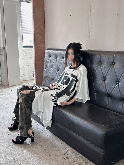 FULLTIDE Luminous Black White Casual Crew Neck Midlength Women 100 Percent Cotton T-Shirt