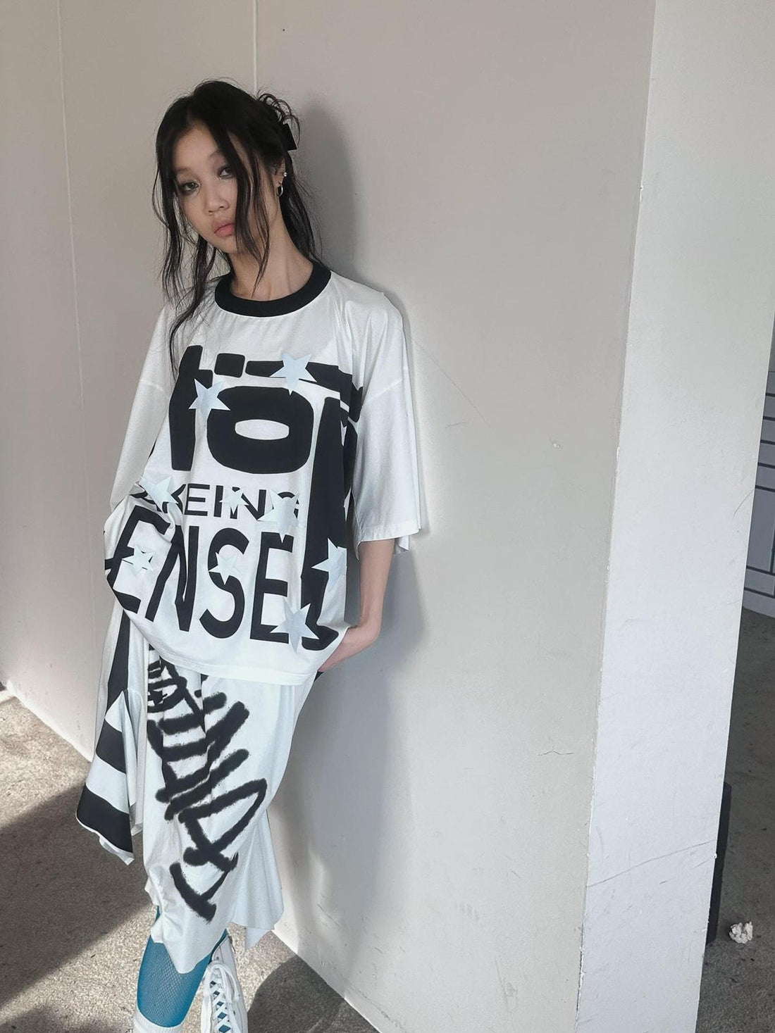 FULLTIDE Luminous Black White Casual Crew Neck Midlength Women 100 Percent Cotton T-Shirt