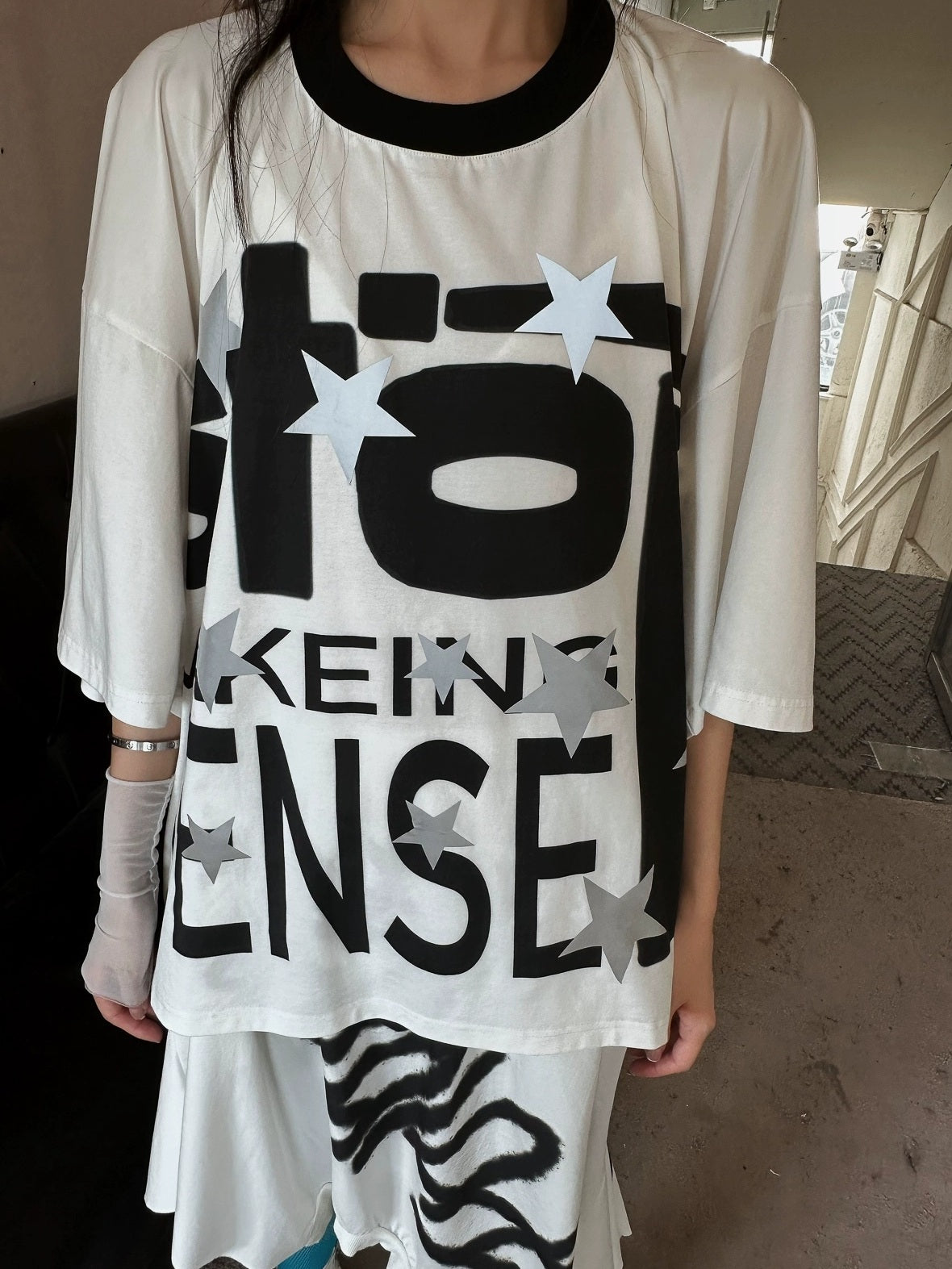 FULLTIDE Luminous Black White Casual Crew Neck Midlength Women 100 Percent Cotton T-Shirt