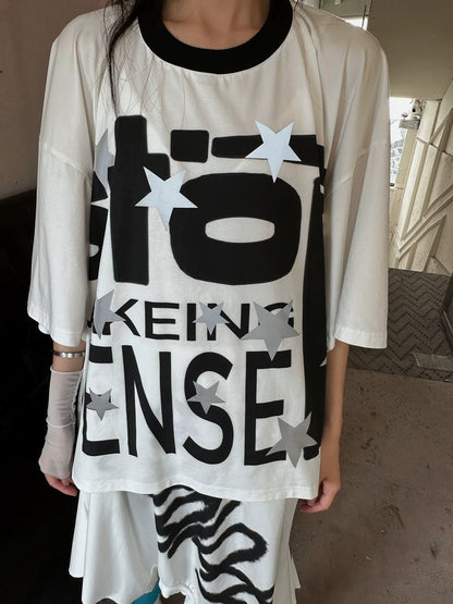 FULLTIDE Luminous Black White Casual Crew Neck Midlength Women 100 Percent Cotton T-Shirt